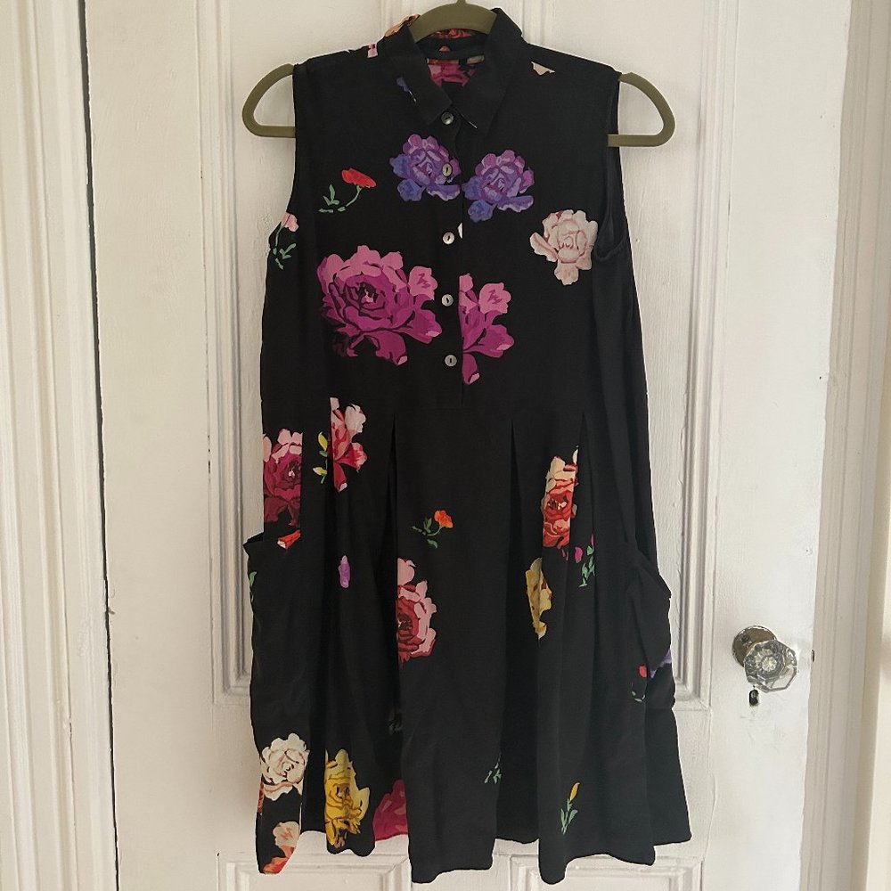 Sleeveless Black Midi Dress with Pink & Purple Floral Print